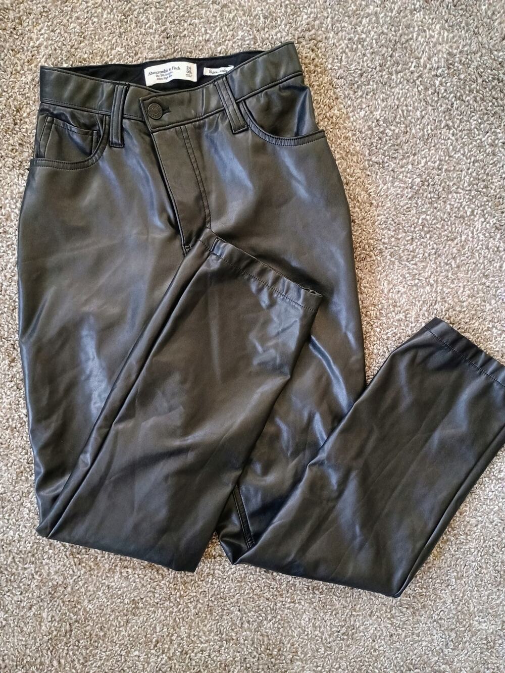 Abercrombie Black Vegan Leather 90s Straight Ultra High Rise Pants Size 24